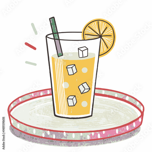 Refreshing glass of iced tea with a lemon slice and ice cubes on a decorative tray, symbolizing summer relaxation and enjoyment.