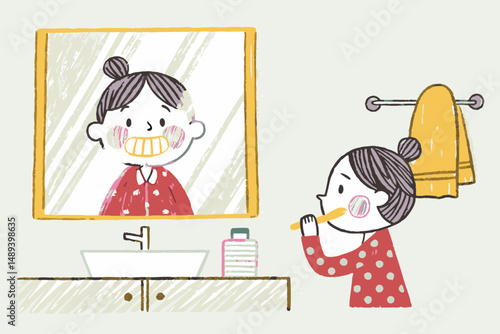 Cheerful girl brushing teeth in front of a mirror, bathroom setting, bright colors, promoting oral hygiene habits and daily routines.