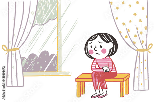 A sad girl sitting on a bench looking out the rainy window in a cozy room, symbolizing solitude and introspection.