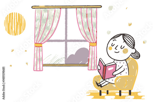 Girl enjoying a cozy reading moment on a yellow armchair by the window with pink curtains, depicting a warm, serene atmosphere inside a home.