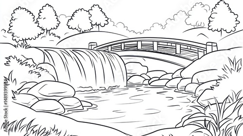 Wallpaper Mural Peaceful waterfall scene with bridge, park background, coloring book page Torontodigital.ca