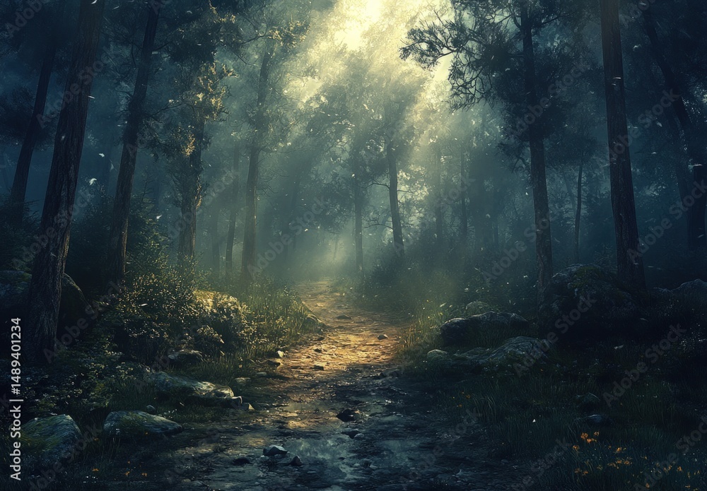 Naklejka premium Serene Sunlit Path Through Mystical Forest with Soft Light and Lush Greenery