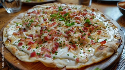Close up of a tarte flambee with bacon and onion on a wooden board