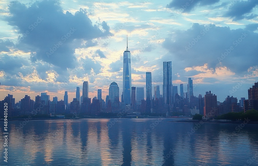 City skyline with tall modern skyscrapers reflecting on calm water under a partly cloudy sky during sunrise or sunset City skyline with tall modern skyscrapers reflecting on calm water under a partly cloudy sky during sunrise or sunset