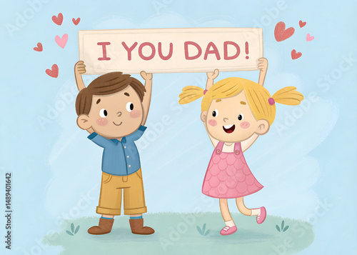 Cute Kids Holding I Love You Dad Sign with Hearts