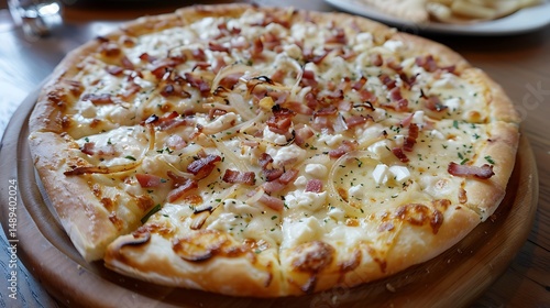 Close up of flammkuchen pizza with bacon and onion on a wooden board