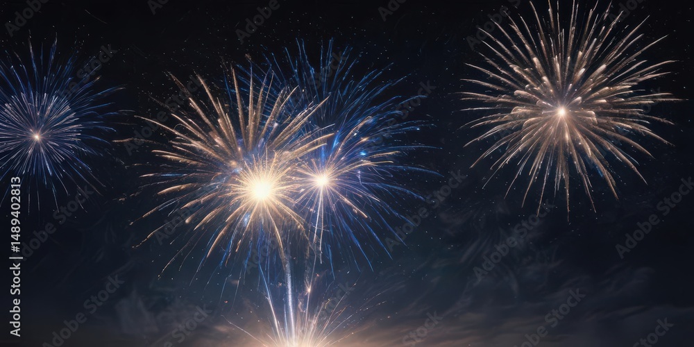 Naklejka premium Isolated bursts of vibrant blue fireworks illuminate a dark, starlit night sky , stellar, vibrant, celestial