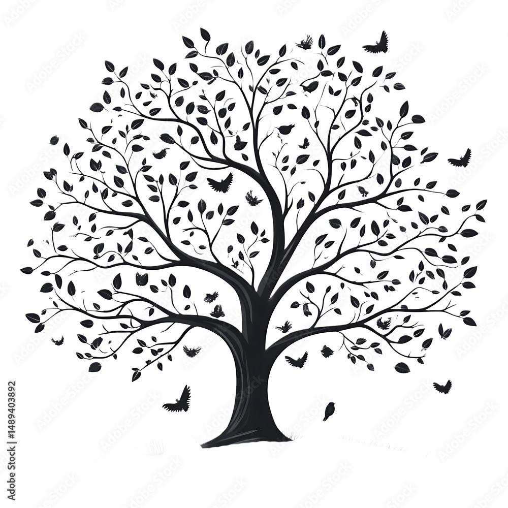 Artistic tree illustration with flying birds high resolution picture Artistic tree illustration with flying birds high resolution picture