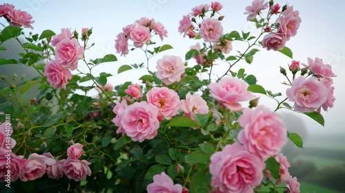 Wallpaper Mural Lush pink roses blooming vibrantly in a serene garden, with a soft morning light illuminating the scene - rose with tree Torontodigital.ca