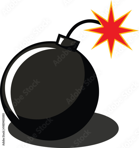 Cartoon Bomb with Lit Fuse and Yellow Explosion Vector Illustration. Cartoon Bomb Icon with Lit Fuse and Explosion Clipart