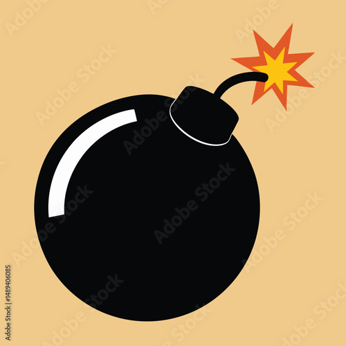 Cartoon Bomb with Lit Fuse and Yellow Explosion Vector Illustration. Cartoon Bomb Icon with Lit Fuse and Explosion Clipart