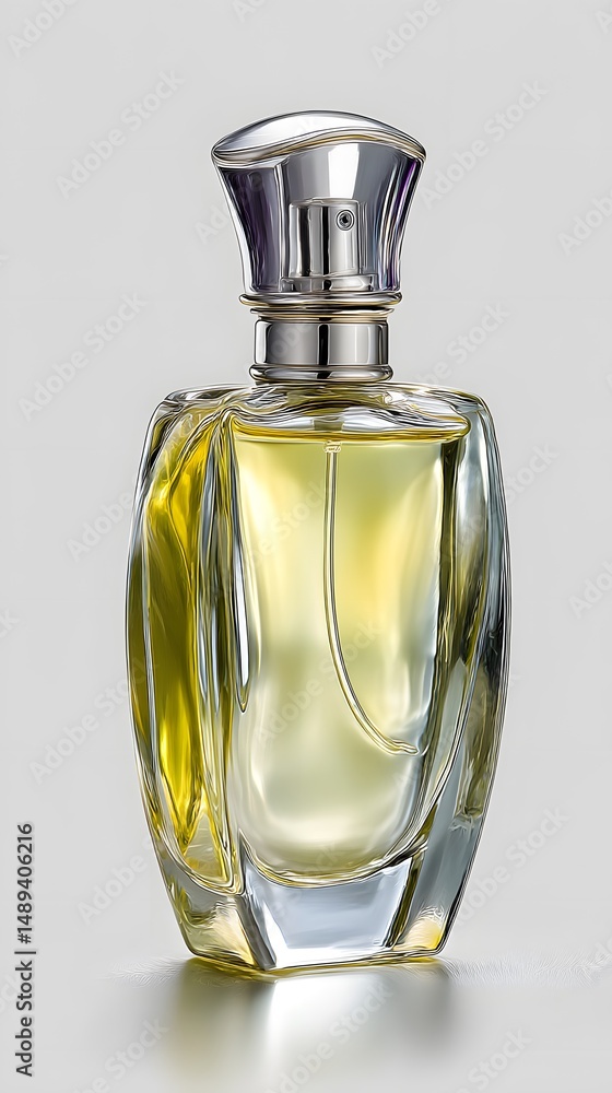 Elegant perfume bottle filled with a golden liquid, presented against a soft gray backdrop, highlighting its beauty and sophisticated design. Elegant perfume bottle filled with a golden liquid, presented against a soft gray backdrop, highlighting its beauty and sophisticated design.