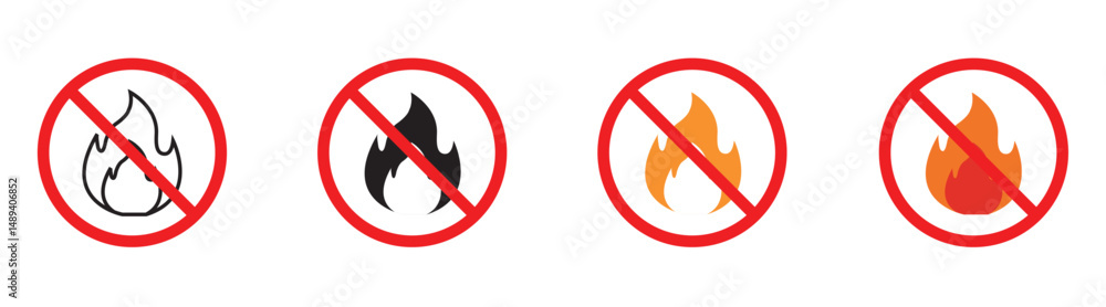 No fire red sign. Flame not allowed. Flammable symbol. Prohibition sign preventing campfires and bonfires, ideal for indicating fire hazard areas. No fire red sign. Flame not allowed. Flammable symbol. Prohibition sign preventing campfires and bonfires, ideal for indicating fire hazard areas.