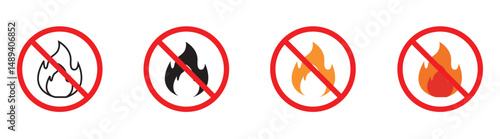 No fire red sign. Flame not allowed. Flammable symbol. Prohibition sign preventing campfires and bonfires, ideal for indicating fire hazard areas.