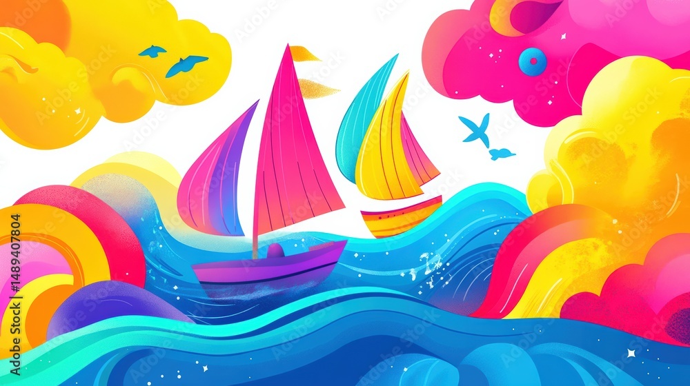 Obraz premium Vibrant sailboats amidst colorful waves and clouds