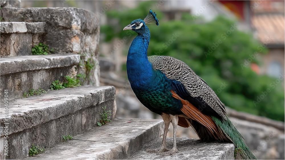 Obraz premium Peacock on ancient stone steps