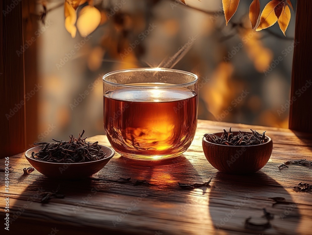 Fototapeta premium Glass cup of hot tea glowing in warm sunlight on wooden table with bowls of dried tea leaves and autumn leaves around