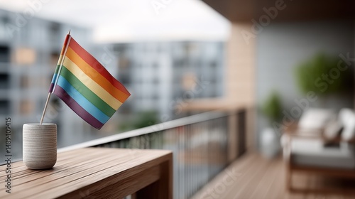 Celebrating Pride Rainbow Flag on Balcony
