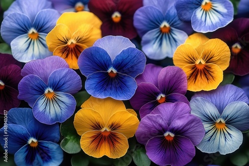 Close-up view of vibrant pansy flowers in shades of blue, yellow, purple, and violet creating a colorful floral arrangement