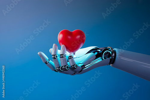 robotic hand gently holding a bright red heart