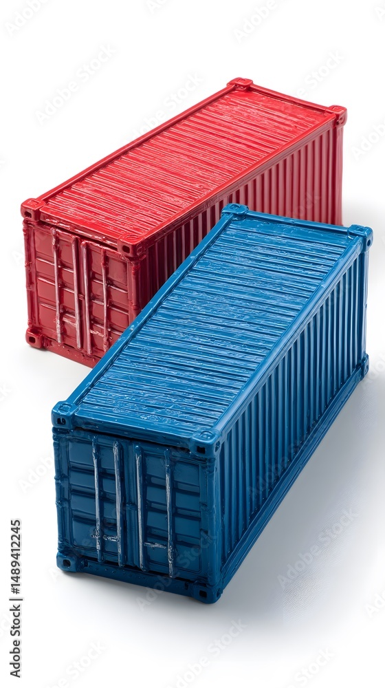 Red and blue miniature shipping containers create an eye-catching display. The vibrant colors and realistic details make this image visually appealing. Red and blue miniature shipping containers create an eye-catching display. The vibrant colors and realistic details make this image visually appealing.