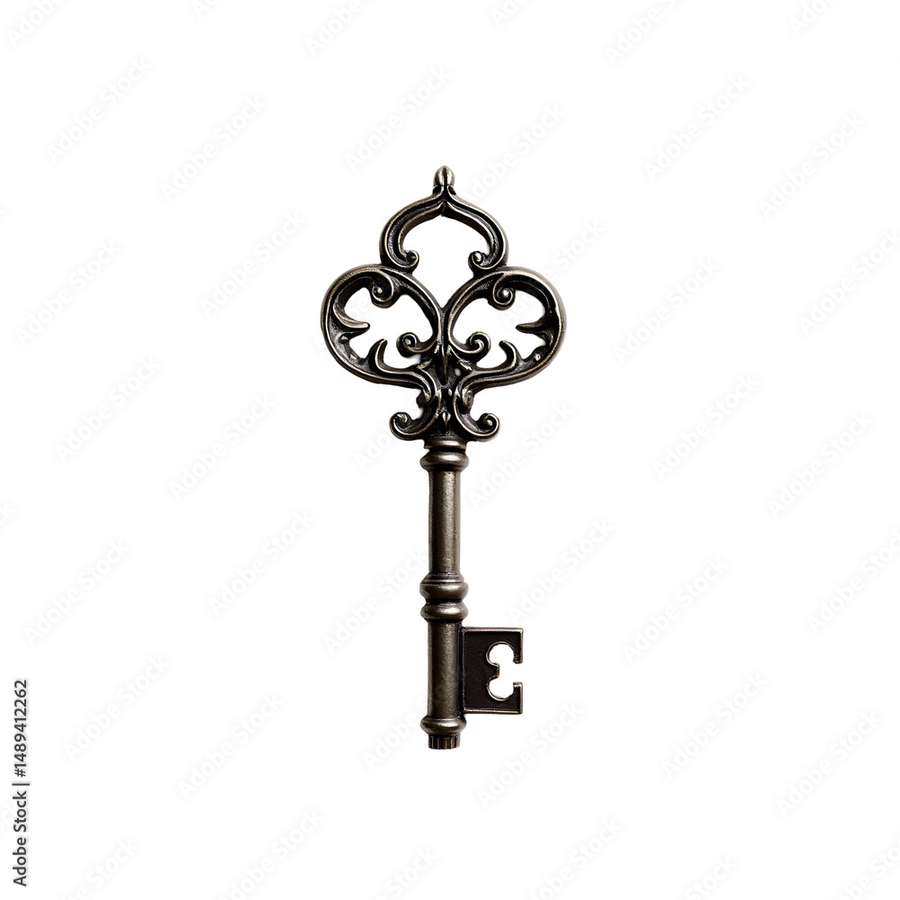 Obraz premium Intricate Vintage Key, A close-up studio shot of an ornate antique key featuring delicate curls and exceptional detail, perfect for conceptual themes