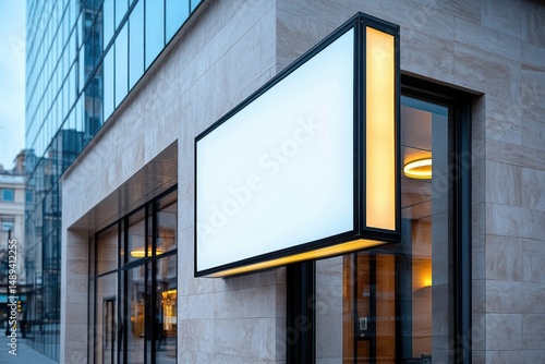 Wallpaper Mural modern commercial building exterior with large empty illuminated rectangular sign hanging above entrance Torontodigital.ca