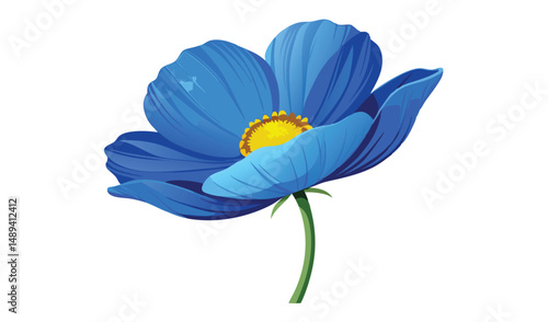 Isolated Vibrant Blue Poppy Flower with Yellow Center and Green Stem on White Background