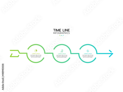 Timeline infographic featuring three horizontal, connected circles with a gradient outline from light green to light blue, leading to a right-pointing arrow. Each circle contains a thin line icon. 