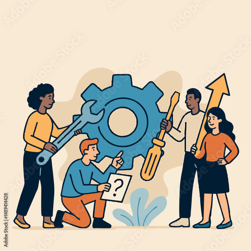 Vector illustration of a diverse group of people working together to solve problems and improve processes. Characters holding tools like wrench, screwdriver, and arrow with a large gear in the backgro