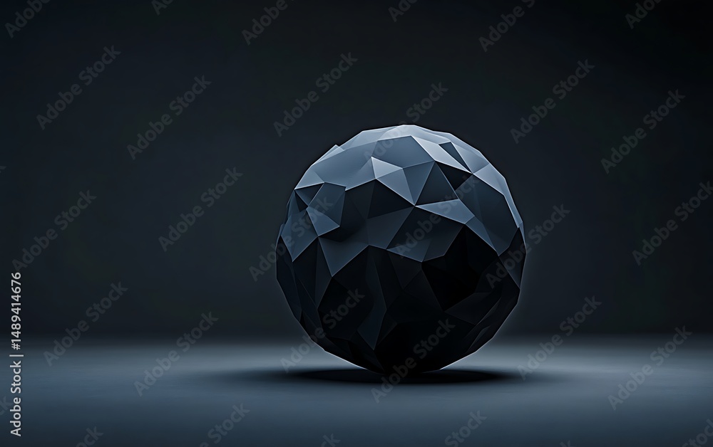 Naklejka premium Polygonal Dark Sphere on Surface, Abstract Geometric Ball, Faceted Low Poly Shape