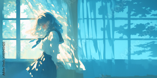 片想いの男の子に告白しようとしている女性。水彩画。イラスト。水彩。バナー素材。