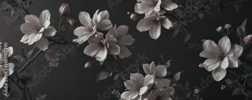 Subtle charcoal floral wallpaper, delicate blossoms on a dark ground,  textile,  charcoal