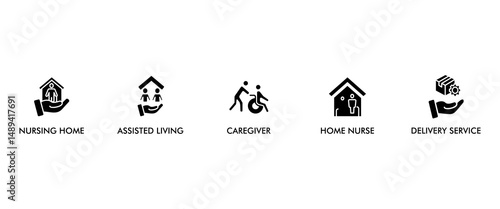 Elderly care banner web icon vector illustration concept for elder people support with an icon of caregiver, nursing home, assisted living, home nurse and delivery service