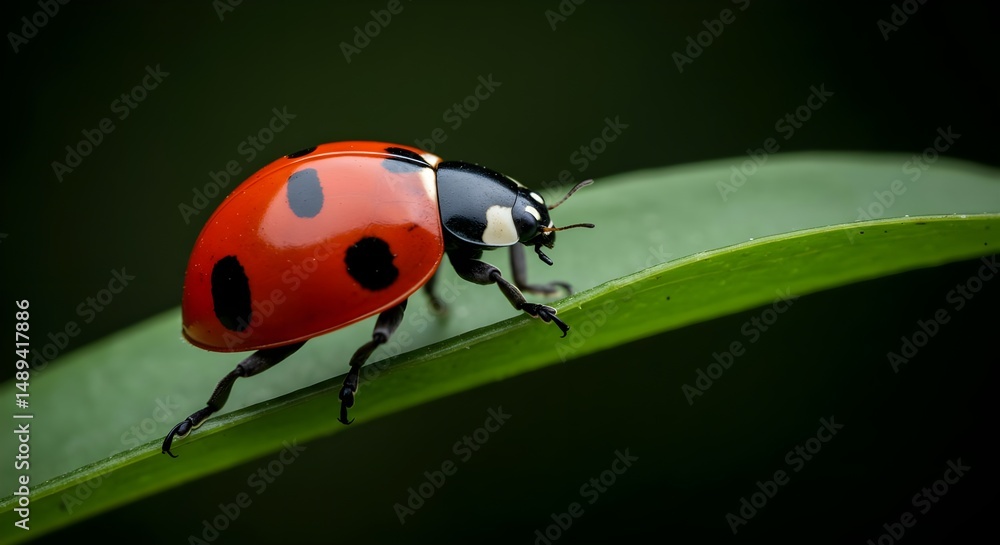 Fototapeta premium Vibrant Ladybug Crawling on a Green Leaf in Photorealistic Detail