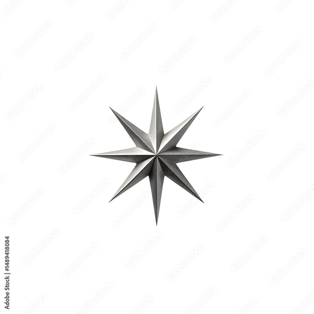 Intricately designed sparkling silver star with highly detailed texture on a plain setting ideal for festive themes Intricately designed sparkling silver star with highly detailed texture on a plain setting ideal for festive themes