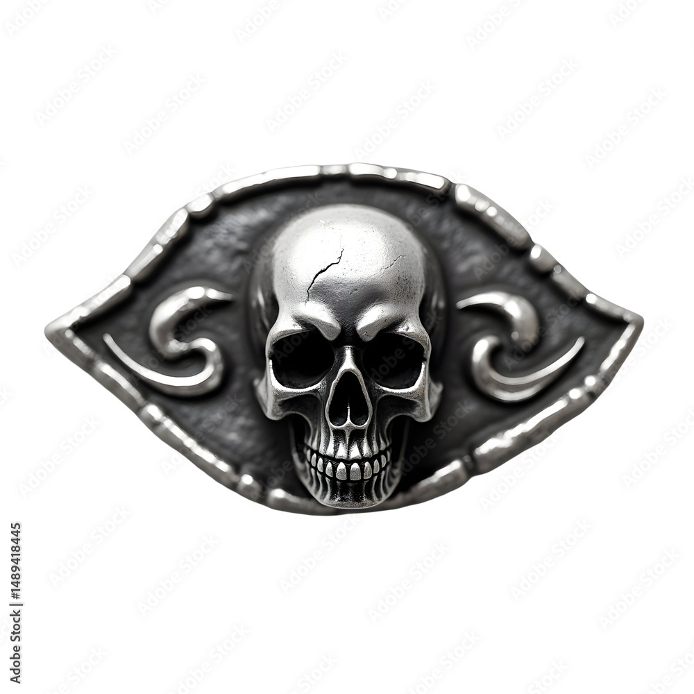 Intricately designed silver pirate eye patch featuring a prominent skull motif and ornate swirling patterns showcasing a touch of edginess Intricately designed silver pirate eye patch featuring a prominent skull motif and ornate swirling patterns showcasing a touch of edginess