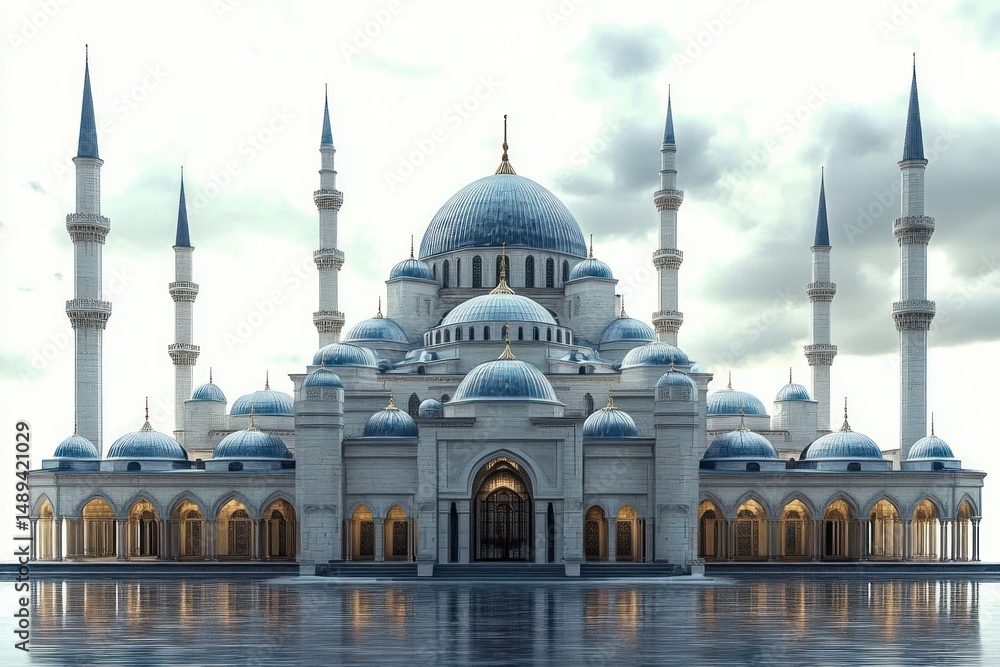 Fototapeta premium Grand symmetrical mosque with multiple blue domes and tall minarets reflected in calm water on a cloudy day