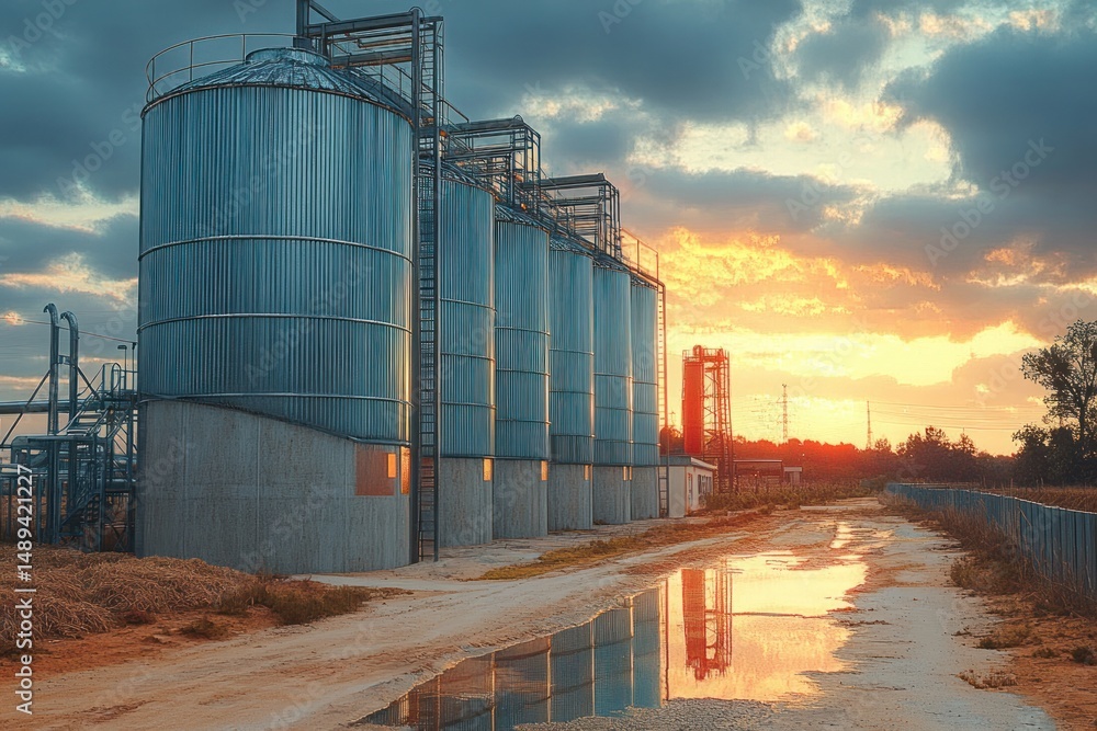Obraz premium Large metal silos aligned beside a dirt road with puddles reflecting the colorful sunset sky and clouds, surrounded by industrial elements and natural vegetation