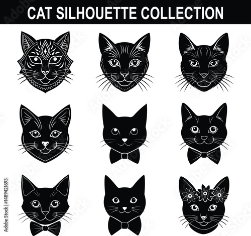 Collection of nine distinct black cat silhouette faces with decorative details for creative designs