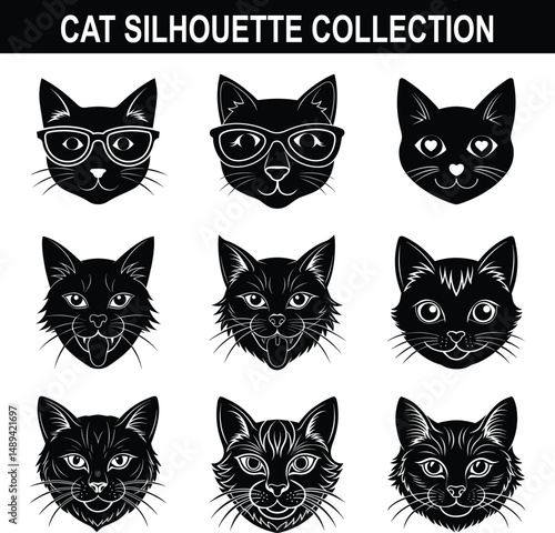 Collection of nine detailed black cat silhouettes with various expressions for design projects