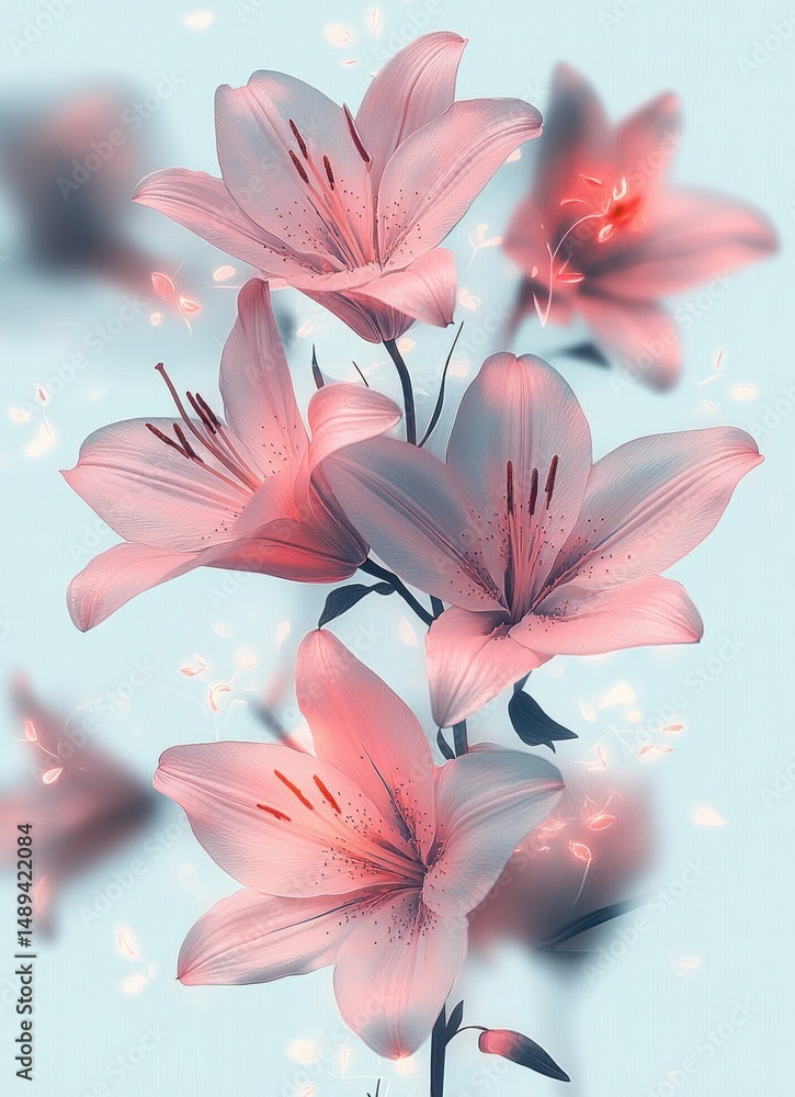 Delicate pink lilies with slender petals and stamens gracefully blooming against a soft blue background with glowing light effects Delicate pink lilies with slender petals and stamens gracefully blooming against a soft blue background with glowing light effects