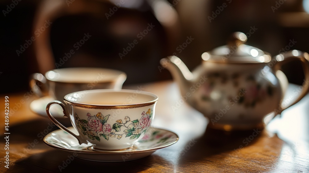 Fototapeta premium Elegant Tea Time: Porcelain Teacups and Teapot