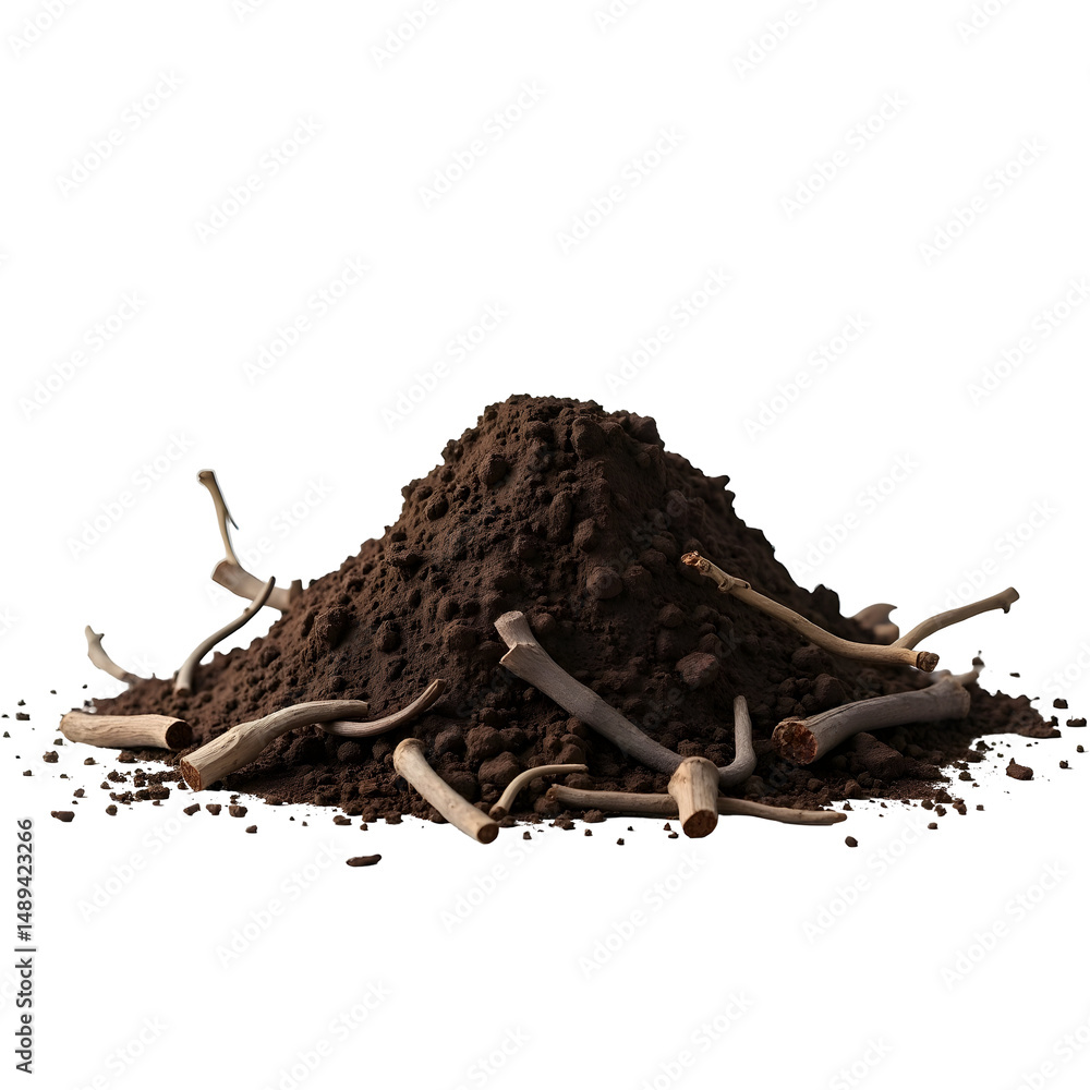 Fototapeta premium Intriguing earth mound with scattered sticks against a stark background, evoking themes of nature, decay, and transformation