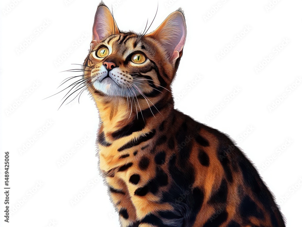 close-up of a brown and black spotted cat with large yellow eyes looking upwards against a white background close-up of a brown and black spotted cat with large yellow eyes looking upwards against a white background