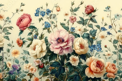 Detailed illustration of blooming multicolored flowers with lush green foliage on a soft beige background, evoking a serene and delicate natural beauty