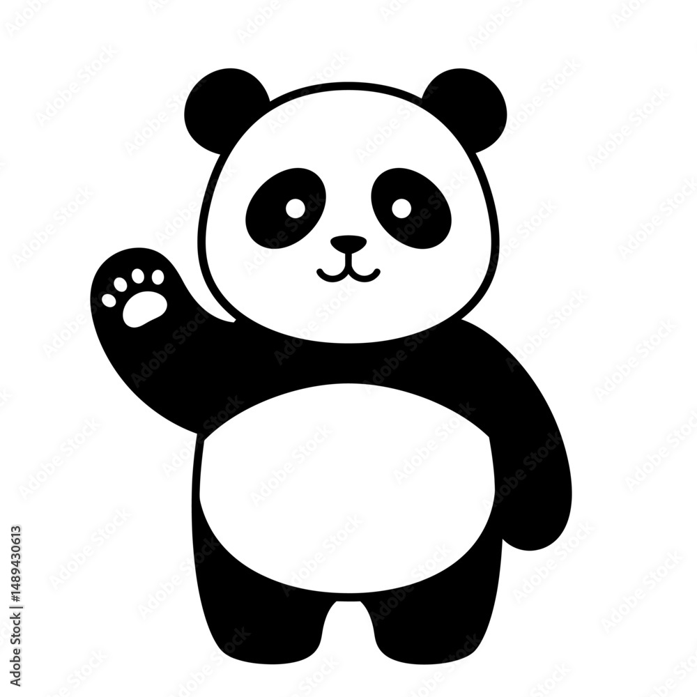 Naklejka premium A cartoon panda bear standing and waving with its paw in a black and white illustration style