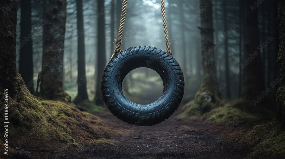 Tire swing in misty woods Tire swing in misty woods