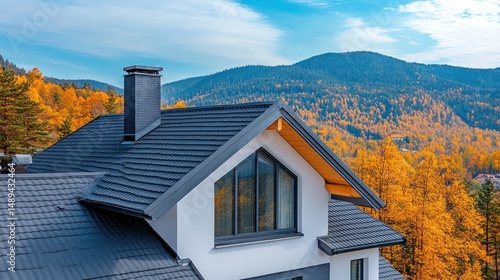 Modern house roof autumn mountain view dark gray shingles dormer window