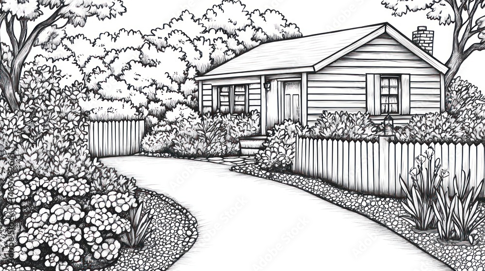 Fototapeta premium Cozy cottage garden landscaping driveway design